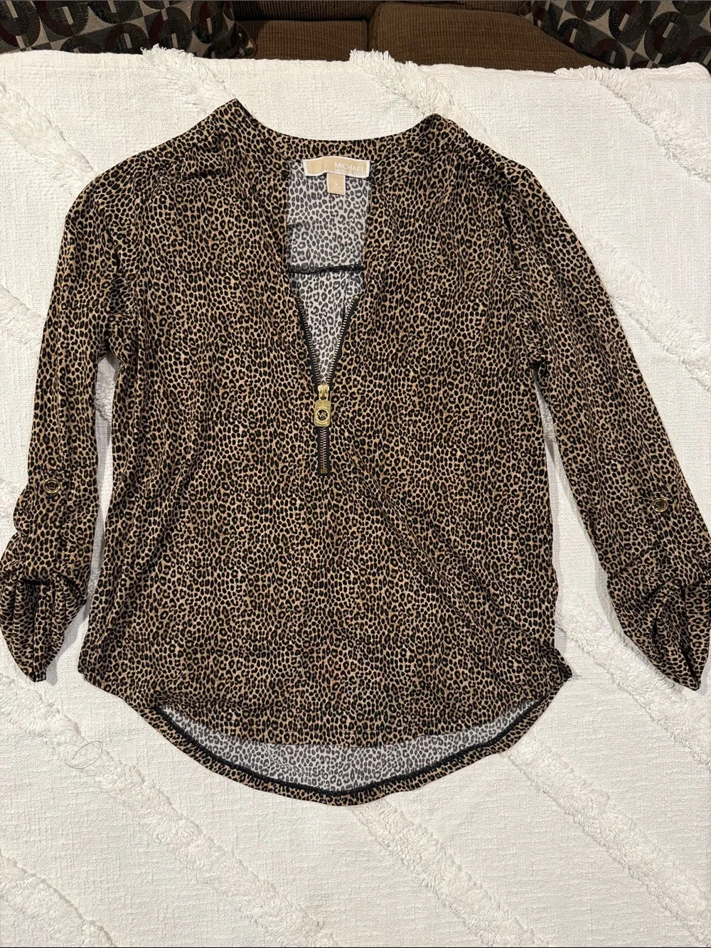 Michael Kors Leopard Print Zip-Front Blouse - Brown